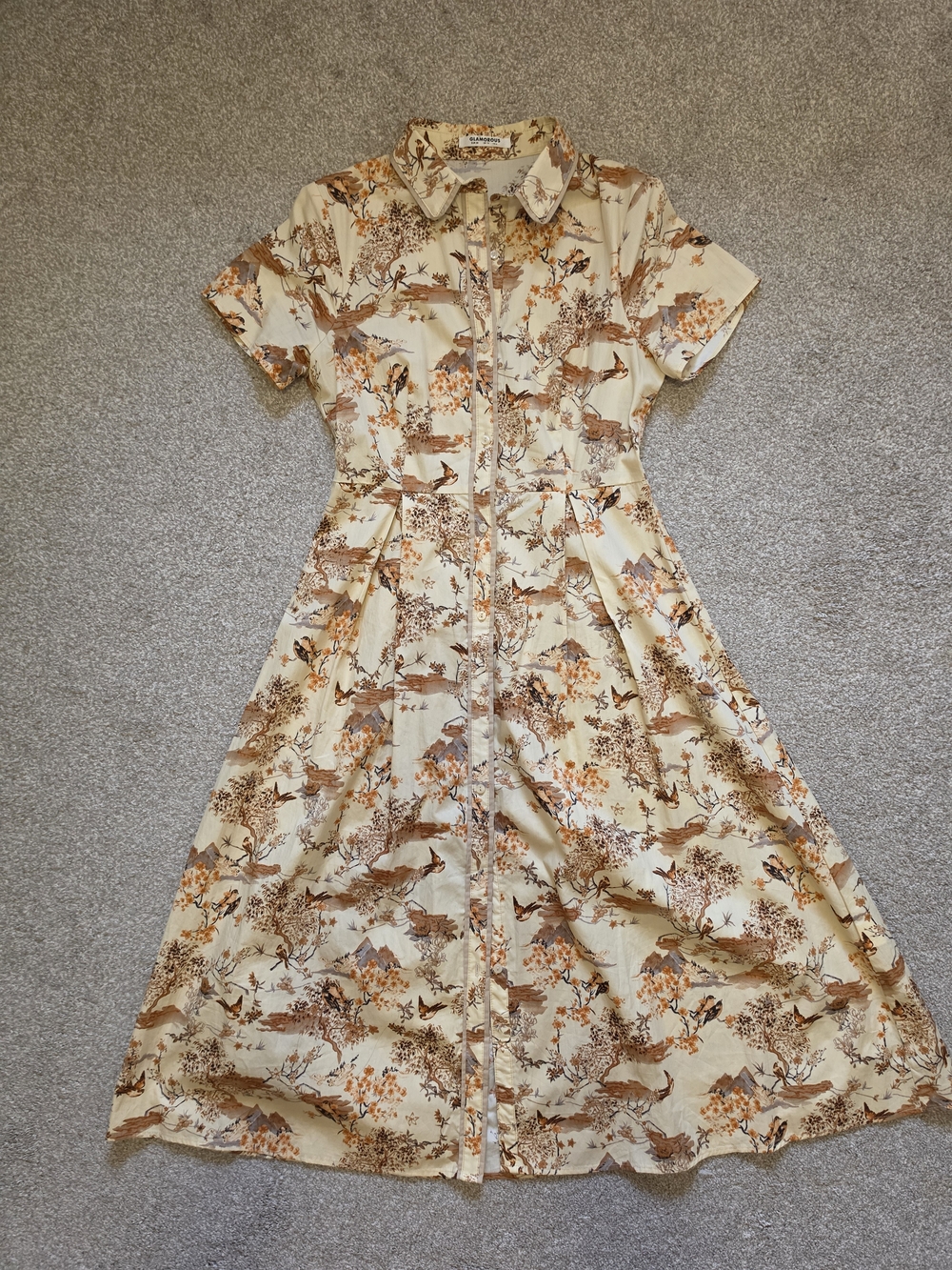 Glamorous Cream Floral Midi Shirt Dress with Brown Accents